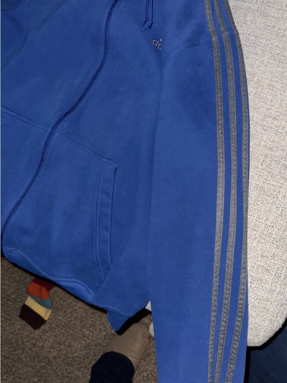 adidas Blue Zip-Up Hoodie with Gray Three-Stripes